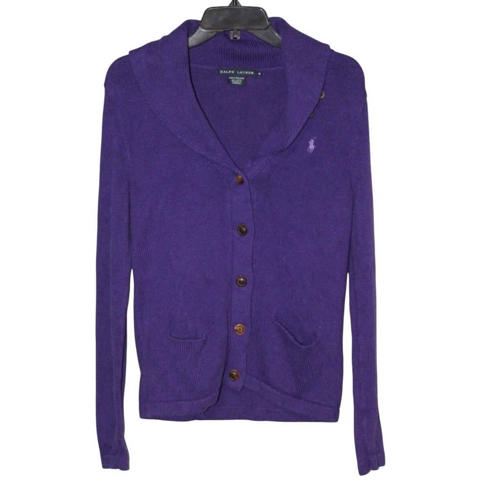 VINTAGE Ralph‎ Lauren Shawl Collar Button Cardigan Sweater Medium Purple #M13-3